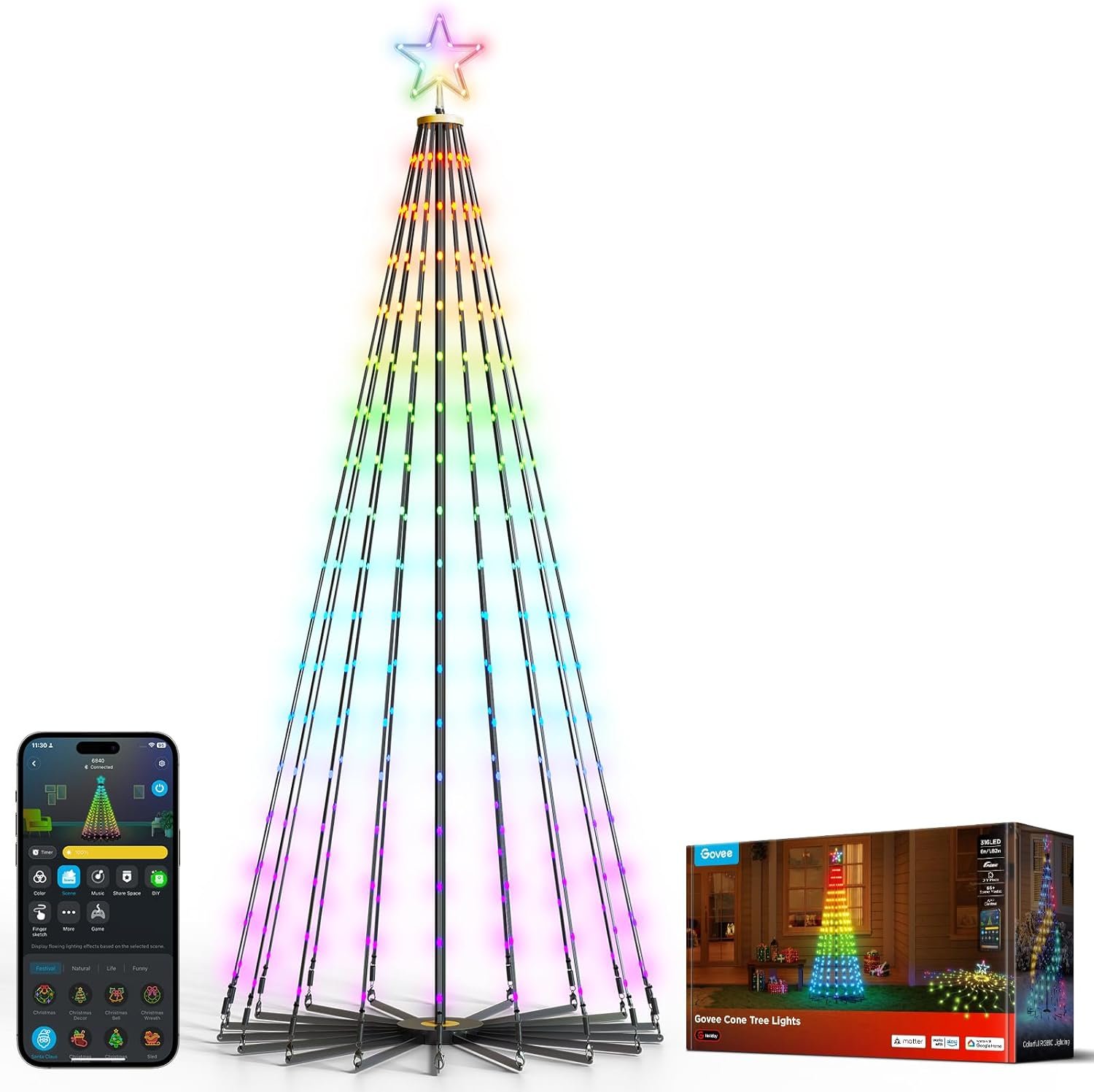 Govee Christmas Cone Tree Lights, 1.82m 316 LEDs RGBIC String Lights with Smart App Control, 82+ Scene Modes, IP67 Waterproof Holiday Decor for Halloween & Christmas, Music Sync,[Energy Class G]